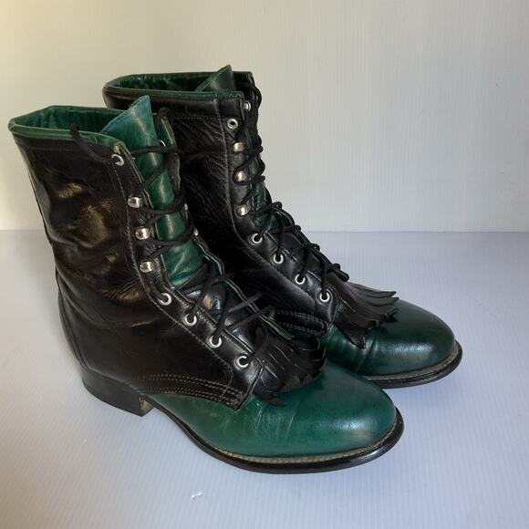 Vintage Laredo Leather Roper Boots • Black & Green • Lace-Up • Women’s 6.5M - Picture 3 of 10